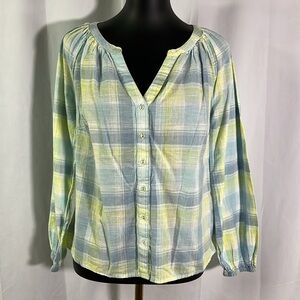 Candace Cameron Bure Pastel Plaid Button-Front Blouse - Blue & Yellow